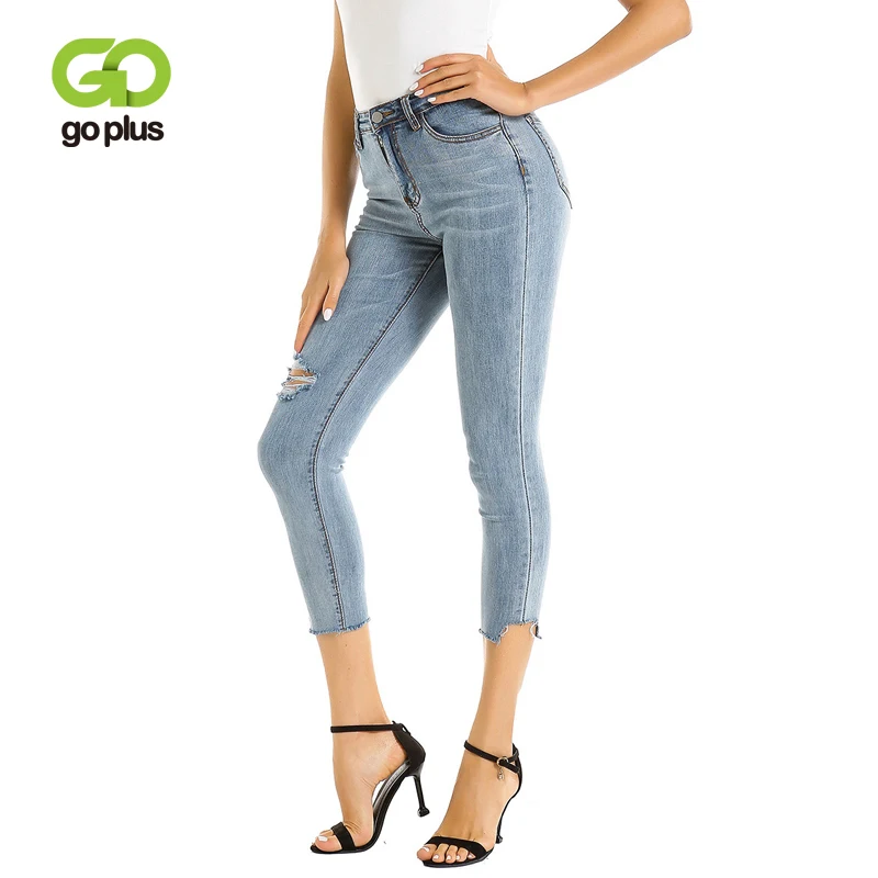 

GOPLUS Blue Distressed Denim Jeans Women Casual High Waist Button Fly Ripped Pants 2019 Ankle-length Holes Skinny Jeans C7855