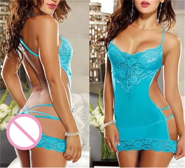Red Blue Sexy Lingerie Backless Halter Women Babydoll Sleepwear Dress