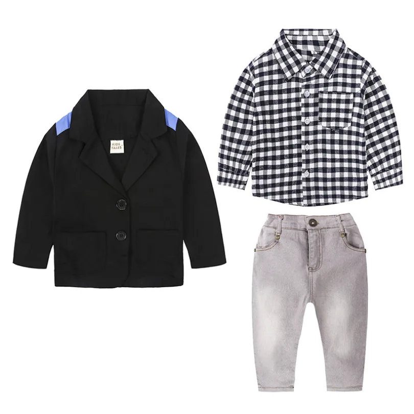 

New Fashion Winter Children's Clothing Boy Suit Plaid Turn-down Collar Jacket Shirt Jeans Children's Suit Casual Three Piece