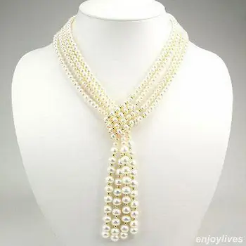 

HOT## Wholesale SHIPPING 4 Rows Genuine White Pearl Yellow golden Beads Wide Tie Choker Necklace
