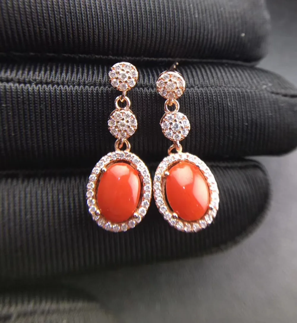 

Fashion Lovely Lovable simple round natural red coral drop earrings Natural gemstone earrings 925 silver girl party gift jewelry