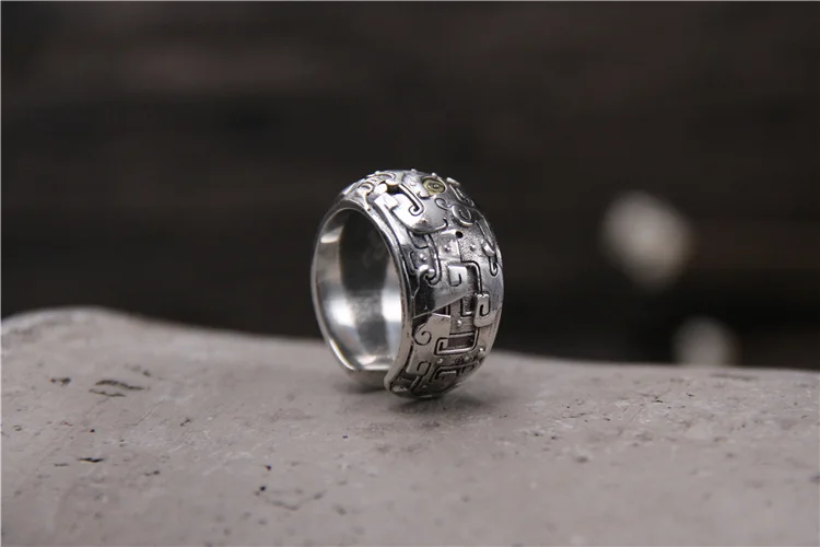 Цельное Серебро 925 регулируемые кольца для мужчин винтажные китайские Мифические животные личности серебряное кольцо женские ювелирные изделия