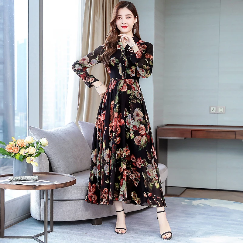 Новое поступление высокое качество элегантное Цветочное платье с отложным воротником и длинным рукавом женское шифоновое длинное платье