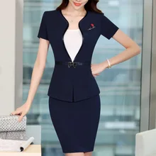 Летняя модная женская юбка небесно-голубого цвета костюм элегантного официального стиля с коротким рукавом Тонкий Блейзер и юбка Офисная женская одежда больших размеров