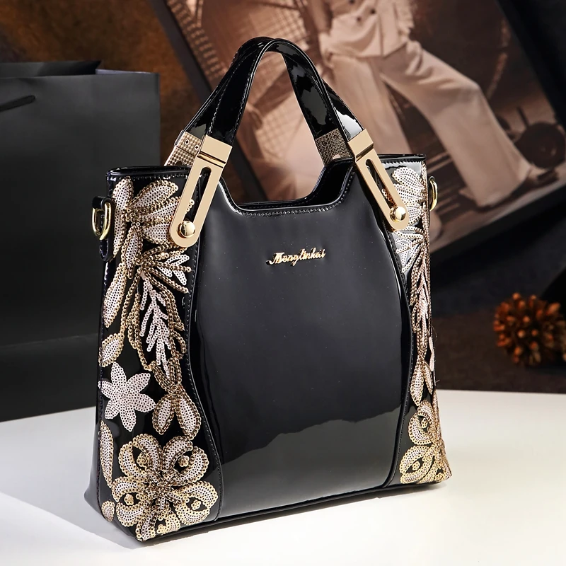 Новинка, модная женская кожаная сумка, известные бренды, Цветочная вышивка, лакированная кожа, сумка-мессенджер на плечо, стереотип, клатчи - Цвет: 34 cm black