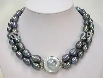 

free shipping Wholesale price ^^^^^ 9-10mm 2Rows Black Akoya Cultured Rice Pearl Necklace