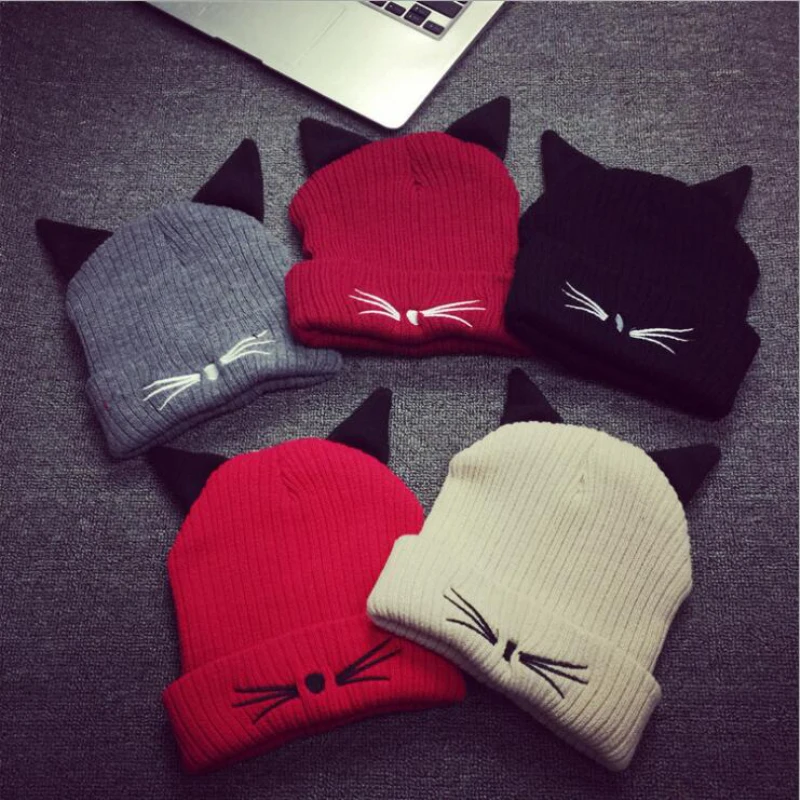 HT563 HOT NEW Women Winter Hat Evil Cat Ear Beanie Cap Winter knit beanie hat striped