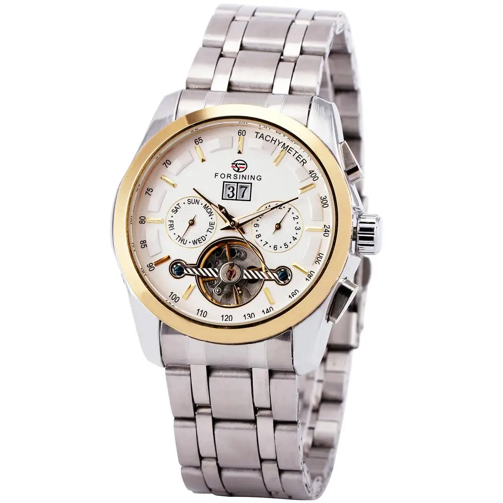 Winner Men Automatic Mechanical Wrist Watch Date Calendar Stainless Steel Strap Golden Case Vogue Box