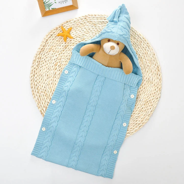 Новая коляска конверт для ребенка пеленать обертывание теплая шерсть смешанная Крючком Вязаная толстовка пеленание обертывание одеяло для сна сумка - Цвет: AKX168811blue