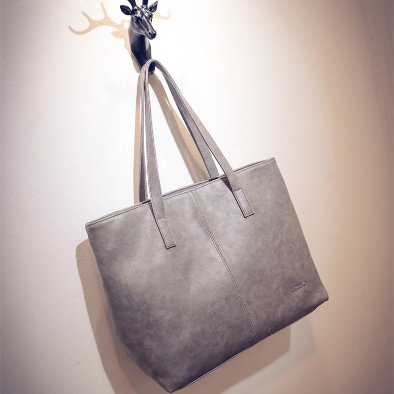 Retro casual women large capacity luxury handbags girl scrub leather tote bag ladies black grey designer shopping shoulder bag