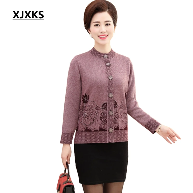 XJXKS Fall And Winter Wool Coat Big Yards Thick Plus Size Print Knitwear Cardigan Single breasted Cashmere Women Sweater Jacket