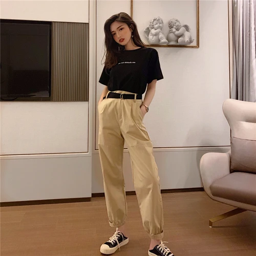 

Summer Letter Loose Black T-shirts Fashion Harem Khaki Pants Casual Women 2 Piece Set High Waist Trousers Woman Suit Sets