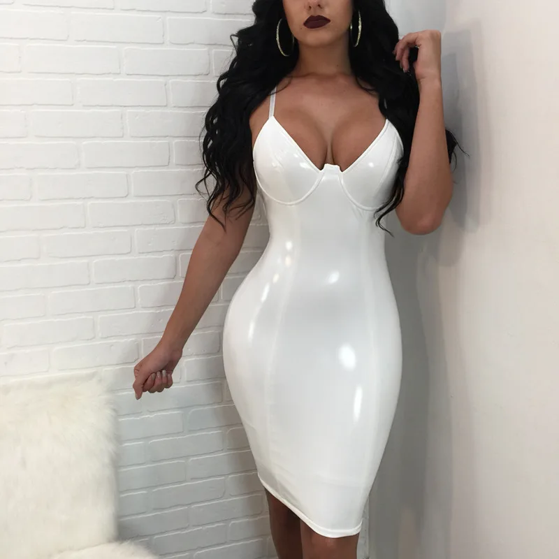

Helisopus Sexy Faux PU Leather Bodycon Dresses Women Spaghetti Strap V-Neck Elegant Club Party Dresses ropa mujer