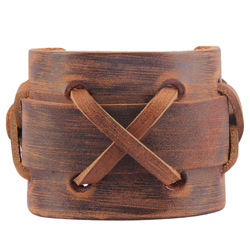 Handmade Leather Wide Cuff Bracelet Cross Punk Biker Men Bangle double Wrap Braided Leather Bracelet for Daily Wearing Brown