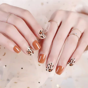 

Women Simple Orange Color Fashion Fake Nail Short Size Full Cover Nail Art Tips with Glue Ladies Sexy Leopard Acrylic False Nail