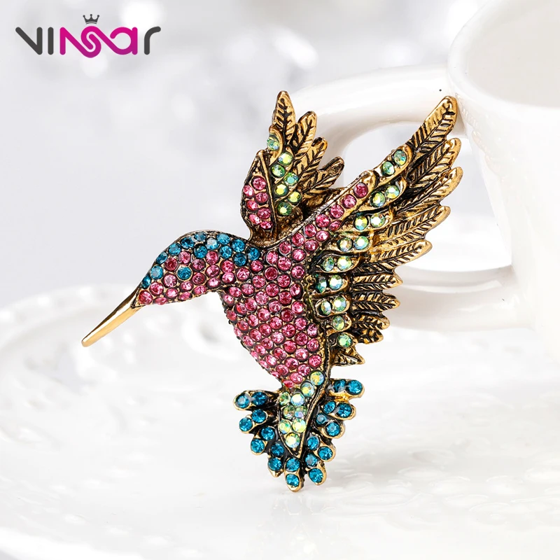 VINSAR Vintage Rhinestone Brooch Bird Ancient Gold Animal Brooches Women Cute Hummingbird Coat Sweater Pins Bijoux DW64 | Украшения и