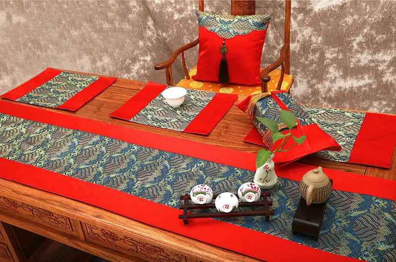 

Thai Garden style luxury silk brocade table runner Jade table flag customization saphire blue wave with pure red