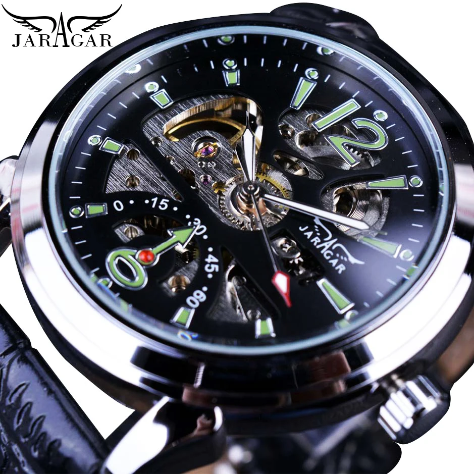 

JARAGAR Automatic Mechanical Mens Hollow Skeleton Green Sport Watch Business Military Black Leather Wristwatch Relojes Masculino