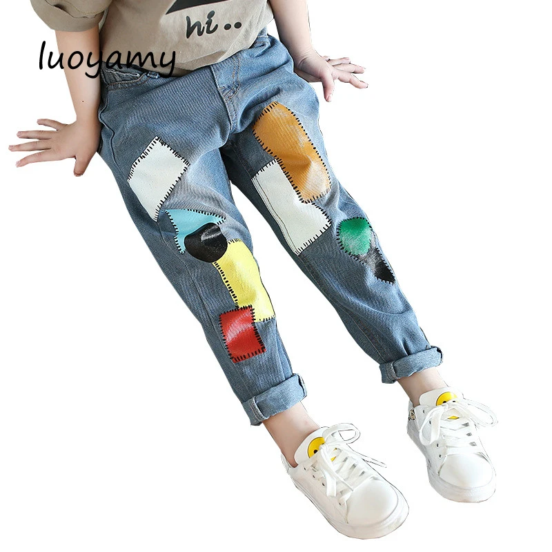 

luoyamy Girls Elastic Waist Graffiti Patchwork Pants Children Baby Jeans Brand Fashion Kids Trousers Clothing Jeans
