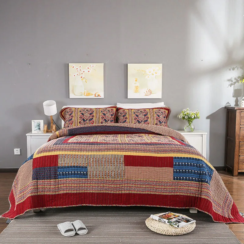 Quality Vintage Patchwork Quilt Set 3PCS Quilted Bedspread Washable Cotton Quilts Bed Covers Bedspread Super King Size Coverlet