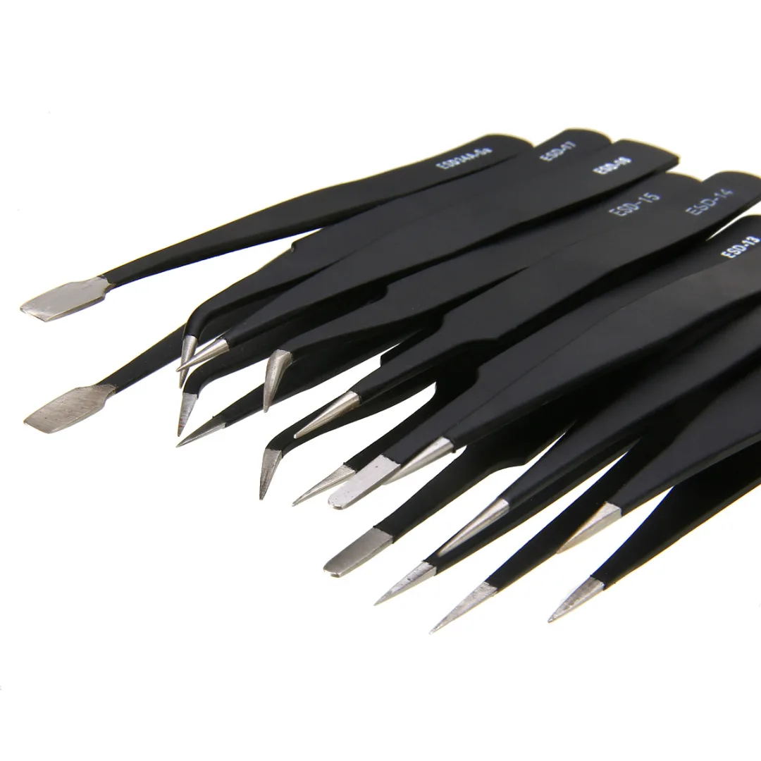 9PCS Stainless Steel Anti Static Tweezers Set Repair Tool Kit High Precision Tweezers for Jewelry Leather Work Hand Tools