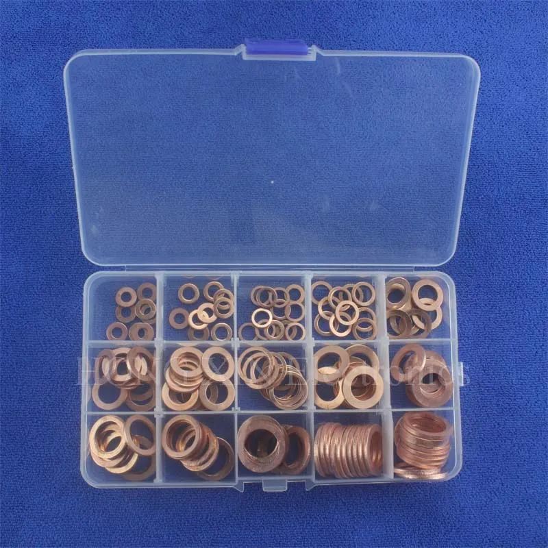 

150pcs 15Sizes Copper Washer Solid Sealing Ring Set M5/6/7/8/10/10.5/11/12/12.5/14/15/16/16.5/17.5 Copper Gasket Washers