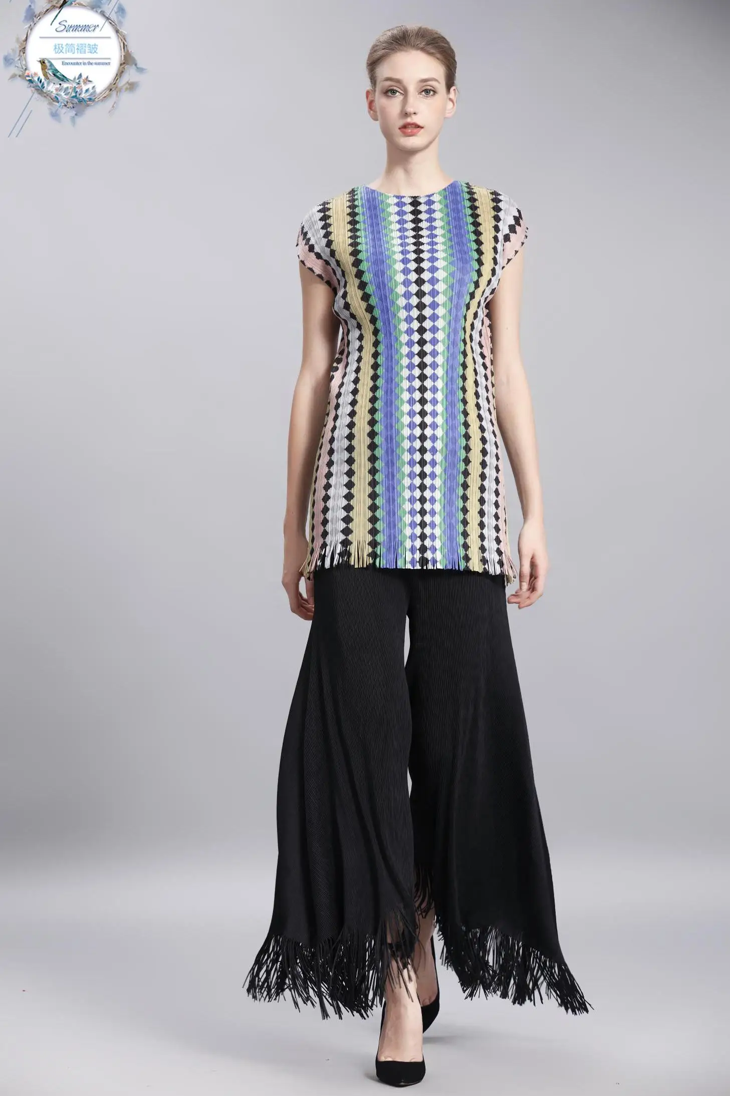 Miyake Folding digital printing color fringed T shirt