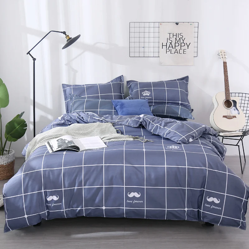 

European Minimalist Blue Plaid Pattern 4PCS 100% POLYESTER Bedding Set Duvet Cover Set Bed Sheet Pillowcase 4pcs soft Warm