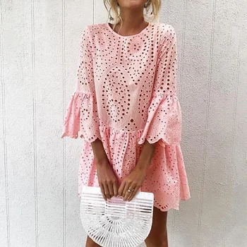 

Women Lace Embroidery Sexy Dress Ruffle Sleeve Causal White Cotton Mini Dresses Hollow Out Short Dress Vestidos 2019 New