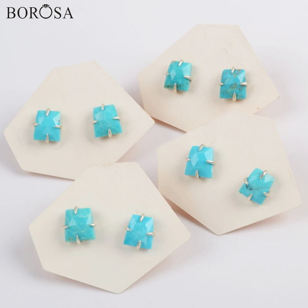 

BOROSA 5Pairs 92.5% Pure Silver Claw 9x10mm Quadrilateral Natural Turquoises Faceted Stud Earrings Silver Earrings Jewelry SS200