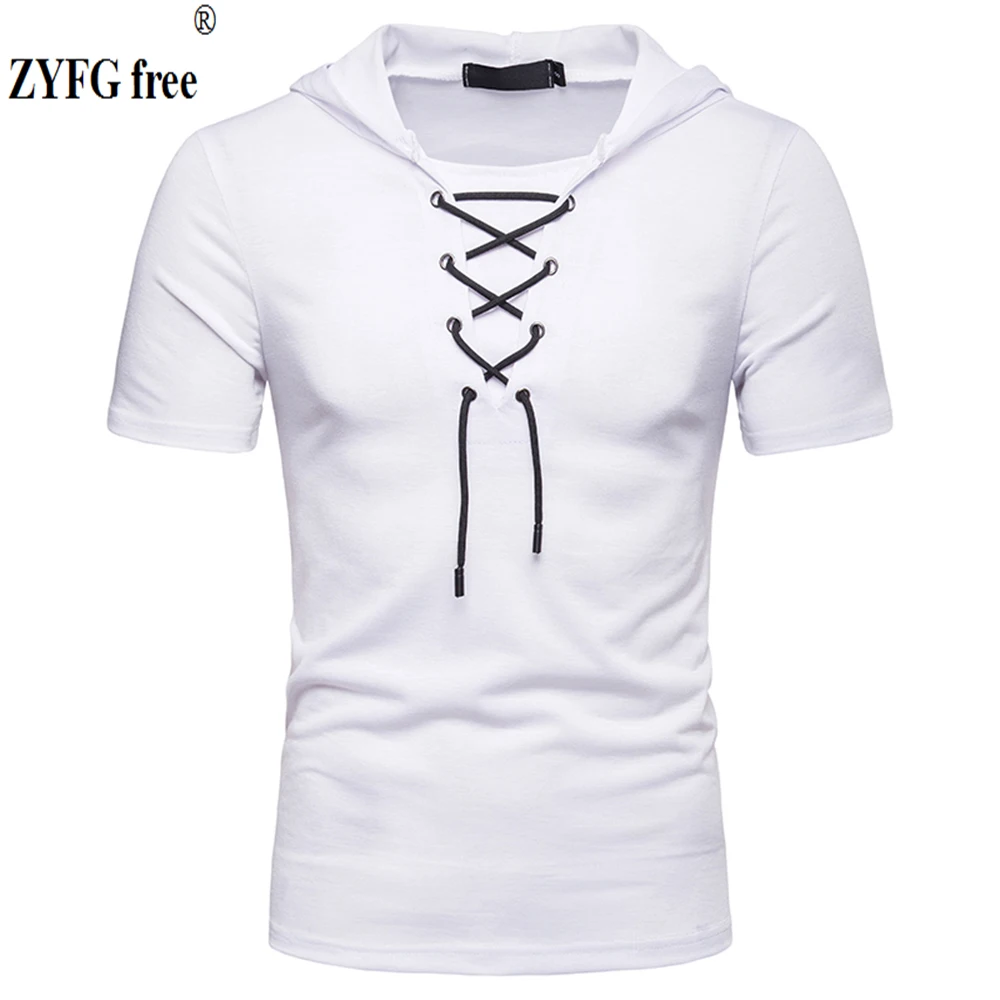 

New summer solid color men's short-sleeved t-shirts hooded sports casual T-shirts elastic drawstring decoration male clothing