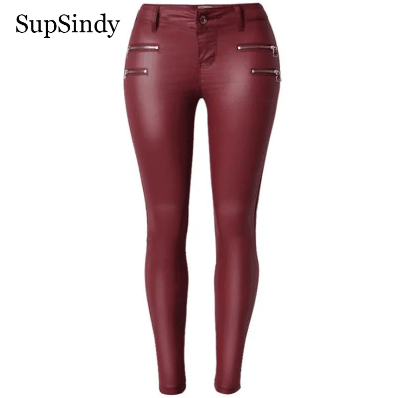 

SupSindy fashion Women PU leather pants low waist zipper red Leggings wild Slim pants skinny leather pants for women trousers