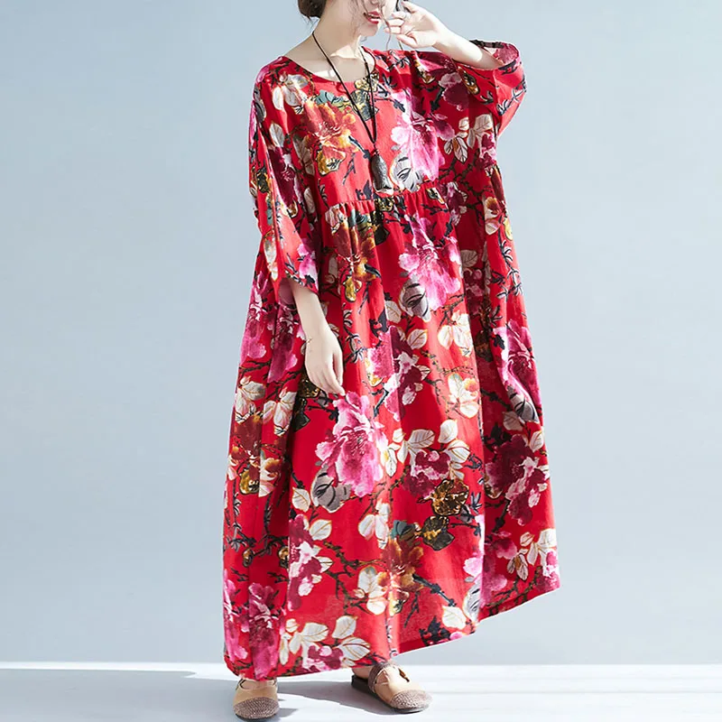 Красный Платья для женщин размера плюс, Boho, 4XL, 5XL, 6XL, 7XL, большое летнее платье, женское платье с цветочным принтом, хлопковое, льняное, макси платье - Цвет: Красный