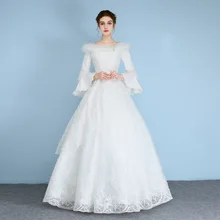 Amazing White Wedding Dresses Long Sleeves With Feather Wedding Gowns Robe De Mariee Lace Wedding Bridal Dresses In Stock