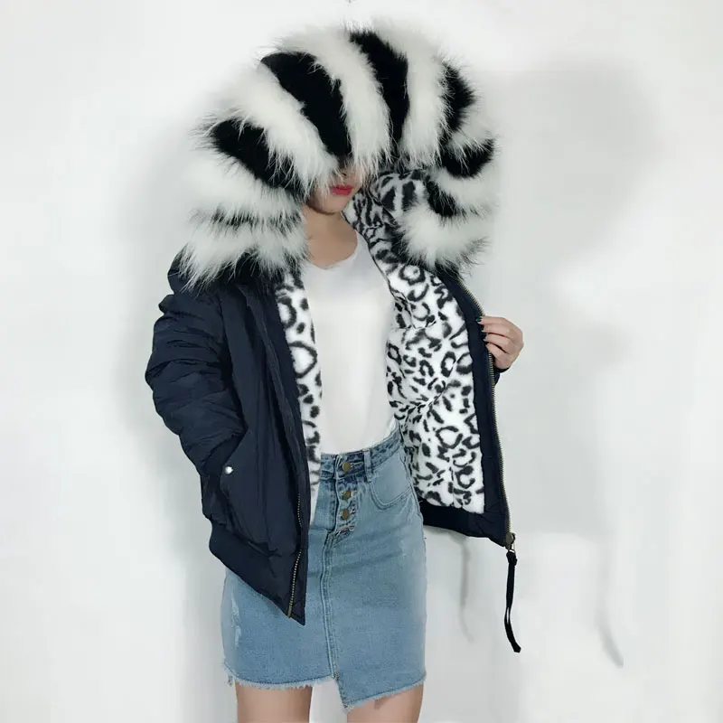 Winter New Black White Dapple Liner Fur Coat Deep Blue Outer Bomber Jacket Big Collar