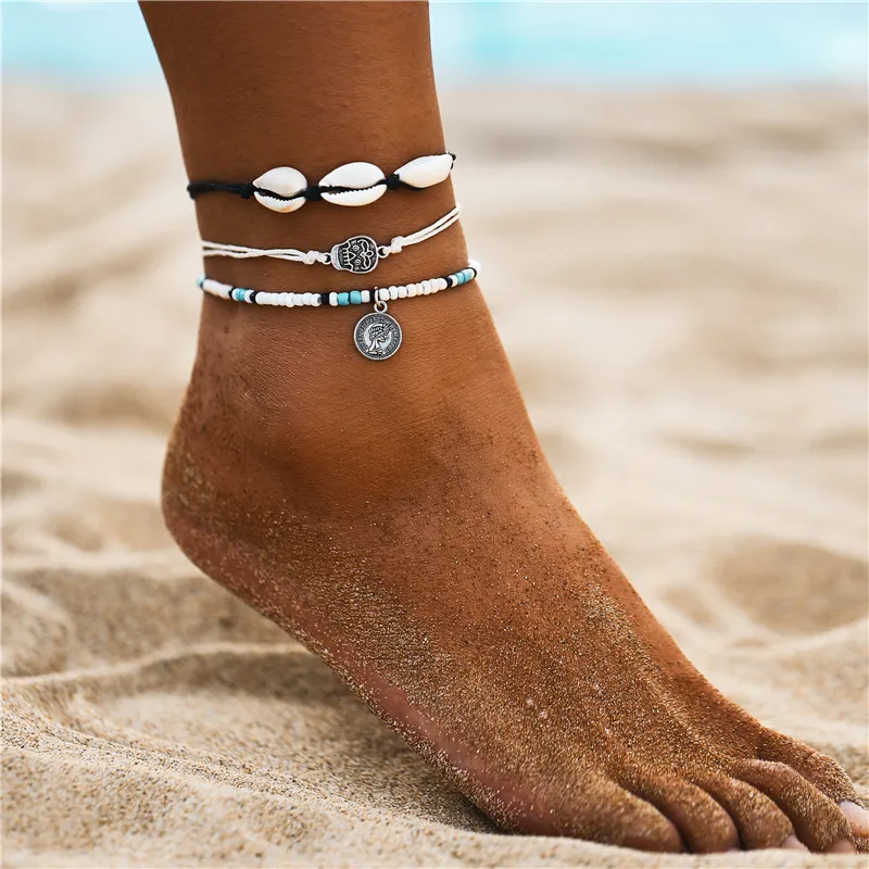 Boho Ocean Beach Sea Shell Cowrie Ankle Bracelet Multi Layer Beads Adjustable String Macrame Mussel Seashell Anklets for Women