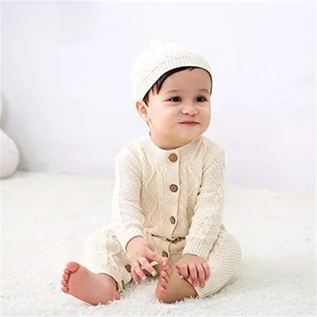 

Boys romper autumn bold wool knitted long sleeve newborn jumpsuit for boys clothes outfits children bodysuit clothing set+hat