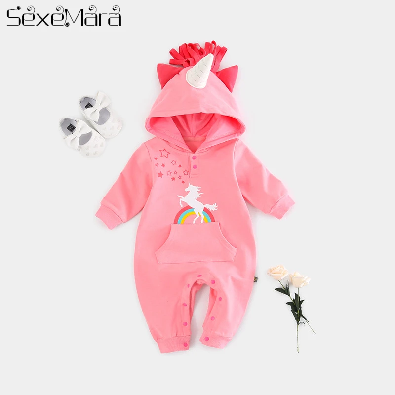 Детский костюм для маленьких девочек комбинезон новорожденного комбинезон для маленьких мальчиков одежда единорог с капюшоном хлопковый комбинезон 0-24 M ребенка Onesie