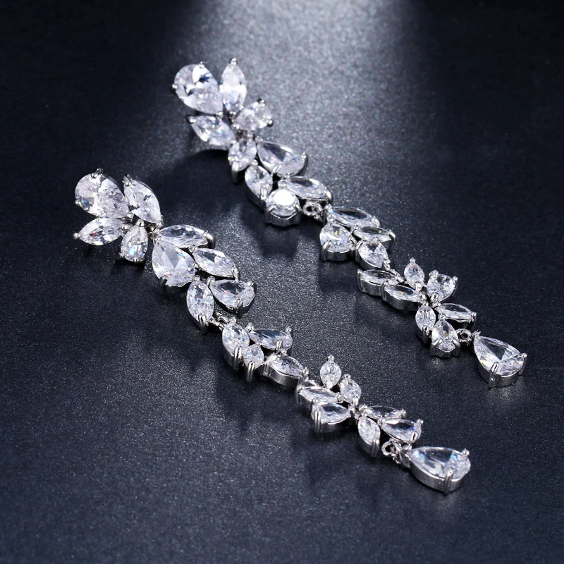 LXOEN длинные серьги в форме цветка из циркония, свисающие свадебные серьги в форме цветка из белого серебра для женщин, ювелирное изделие в подарок