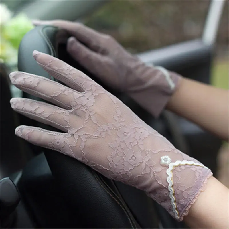 Женские перчатки Лето французский ветер кружева перчатки автомобильные ультра-тонкий вождения Нескользящие анти-УФ сенсорный экран дышащий эластичный FS09 - Цвет: deep purple