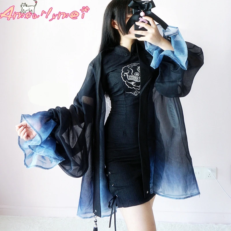 

Japanese Style Harajuku Kimono Cardigan Blouse 2018 Summer Women Vintage Printed Chiffon Long Cardigan Outwear Shirt Lolita