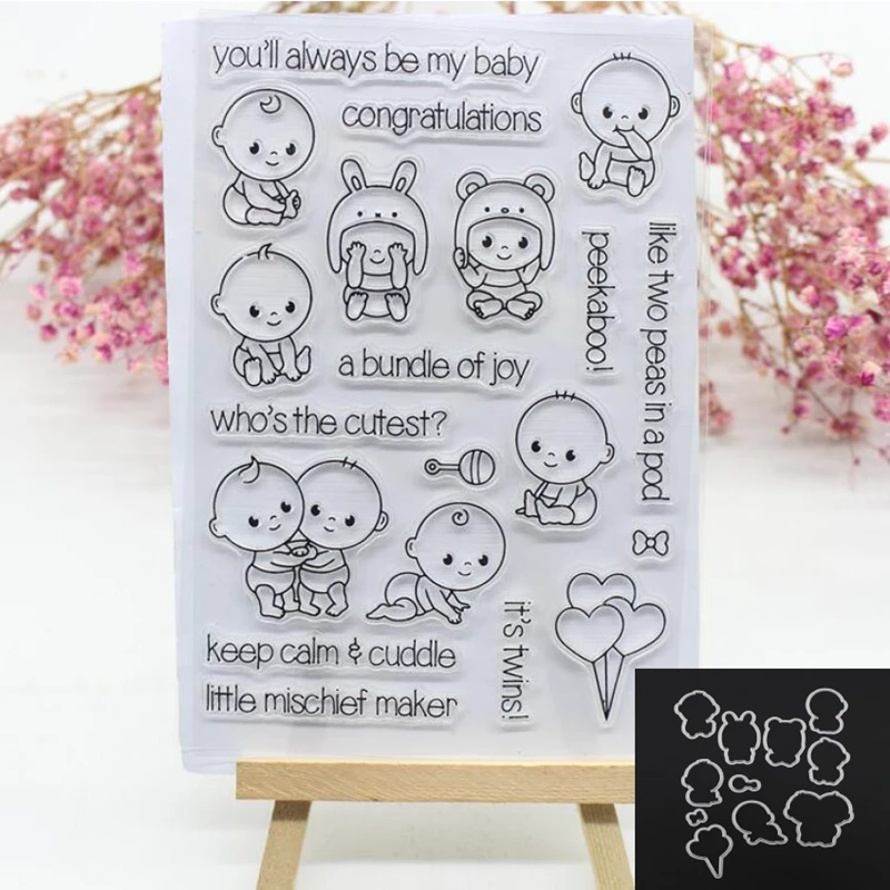 

Lovely Baby and Balloon Metal Cutting dies and Clear Stamp Set for DIY Scrapbooking Photo Album Decoretive Embossing Stencial