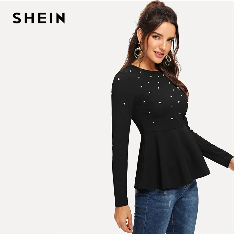 SHEIN Black Pearls Beaded Solid Peplum Top Elegant Round Neck Long Sleeve Flared Blouses Women Autumn Plain Minimalist Blouse