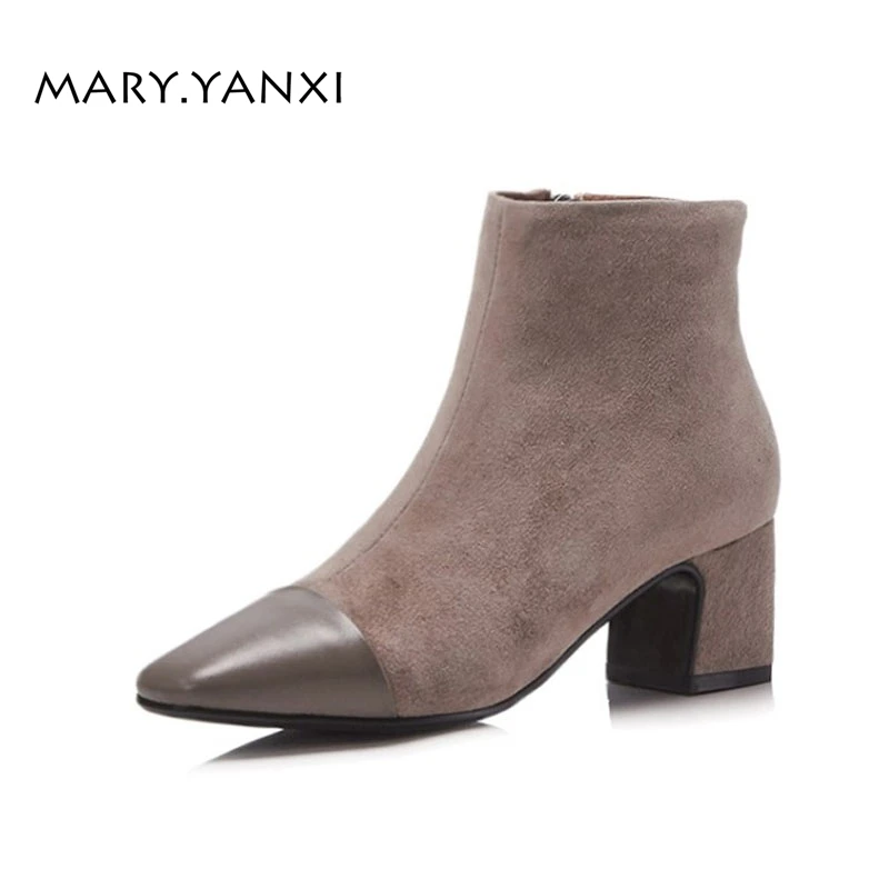 

Mary.Yanxi New Winter Spring Autumn Women Fashion Genuine Leather Flock Ankle Boots Sqaure High Heels Zipper Big Size Solid