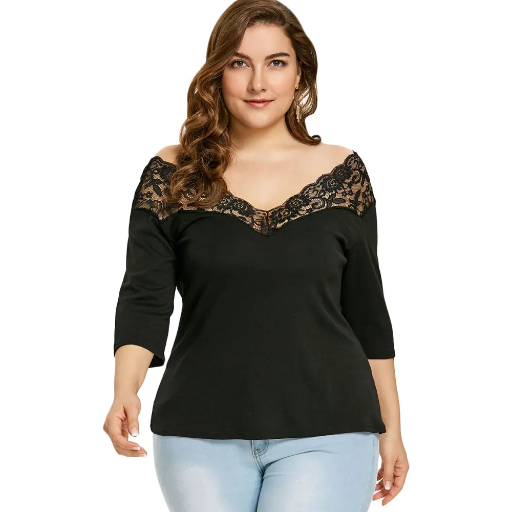 

Plus Size Women Clothes Tee Shirts Long Sleeve Casual Loose Ladies Lace T-Shirts Off Shoulder Tops Female Wide V Neck Tshirt