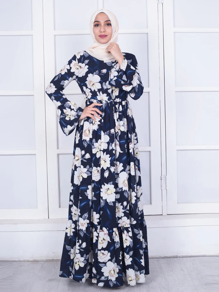 

Arab Women Long Dresses Muslim Female Crepe Floral Dresses