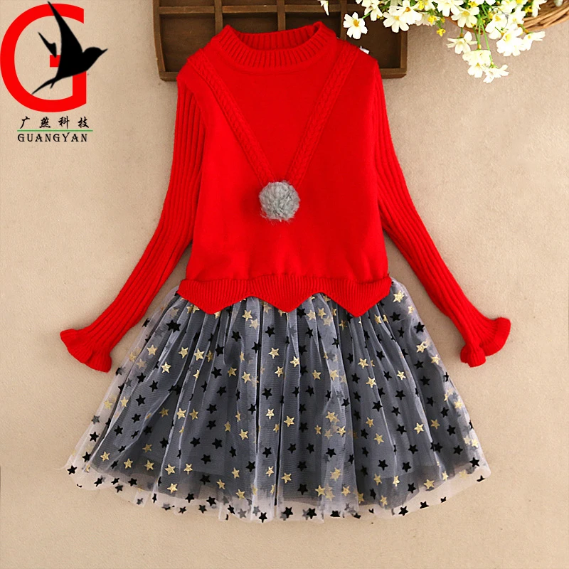 

2017 Children Girls Dresses Long Sleeve Spring Lace kids Dress Girls O-neck Ruffles Princess Dress girl knitting dress MYSQ-0214