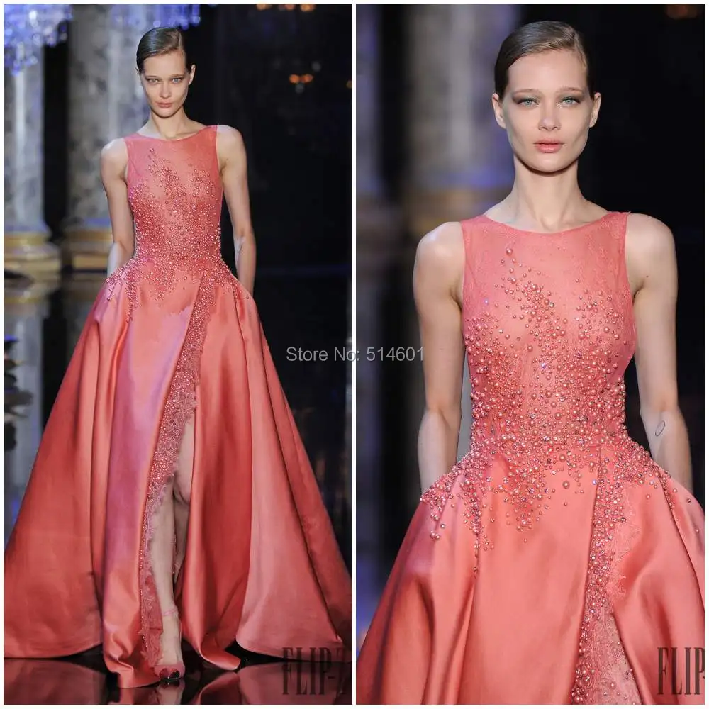 New Arrival Front Slit Pearls Lace Satin Elie Saab Evening Dress ...