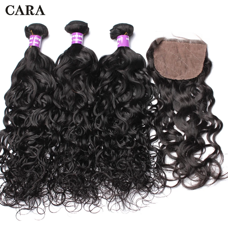 

Water Wave Bundles With Closure Human Hair 4x4 Silk Base Closure Pre Plucked Add 3 Pcs Brazilian Remy Hair Extension CARA Hair