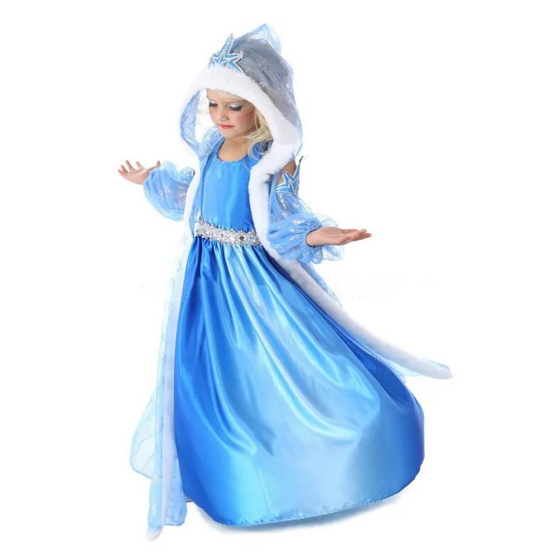 Платье Снежной Королевы Эльзы на Хэллоуин для девочек; Детские костюмы; маскарадные платья принцессы со снежинками и капюшоном для детей 2-10 лет; цвет синий; Vestido
